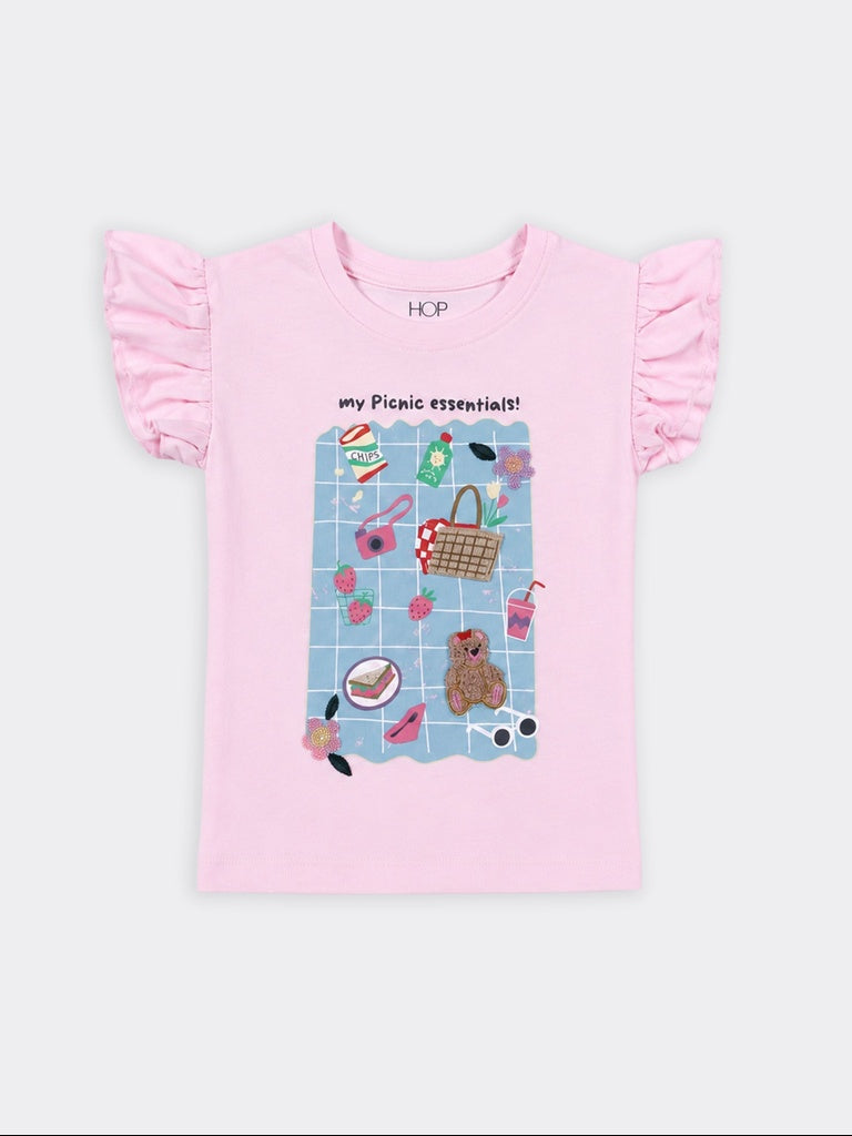 HOP Kids Girls Pink Picnic Printed Cotton Top