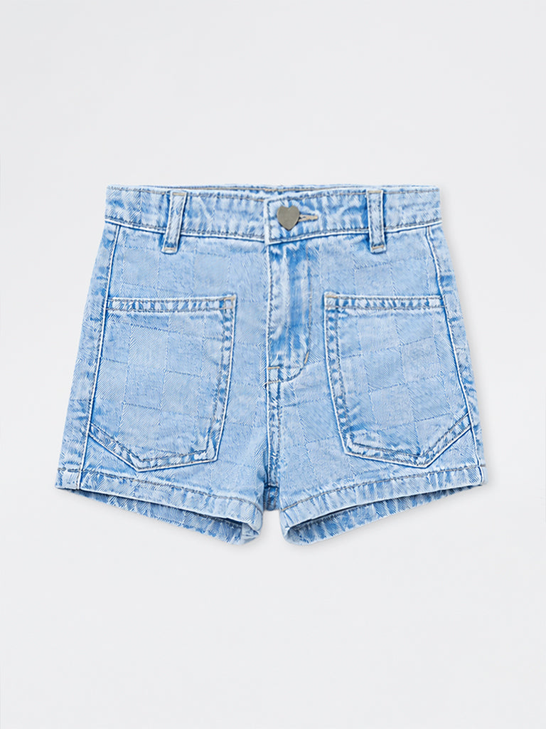 HOP Kids Girls Blue Checkered High-Rise Denim Shorts