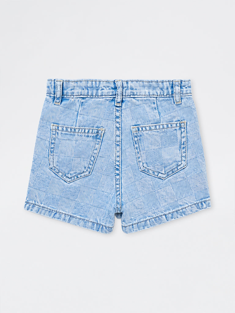 HOP Kids Girls Blue Checkered High-Rise Denim Shorts