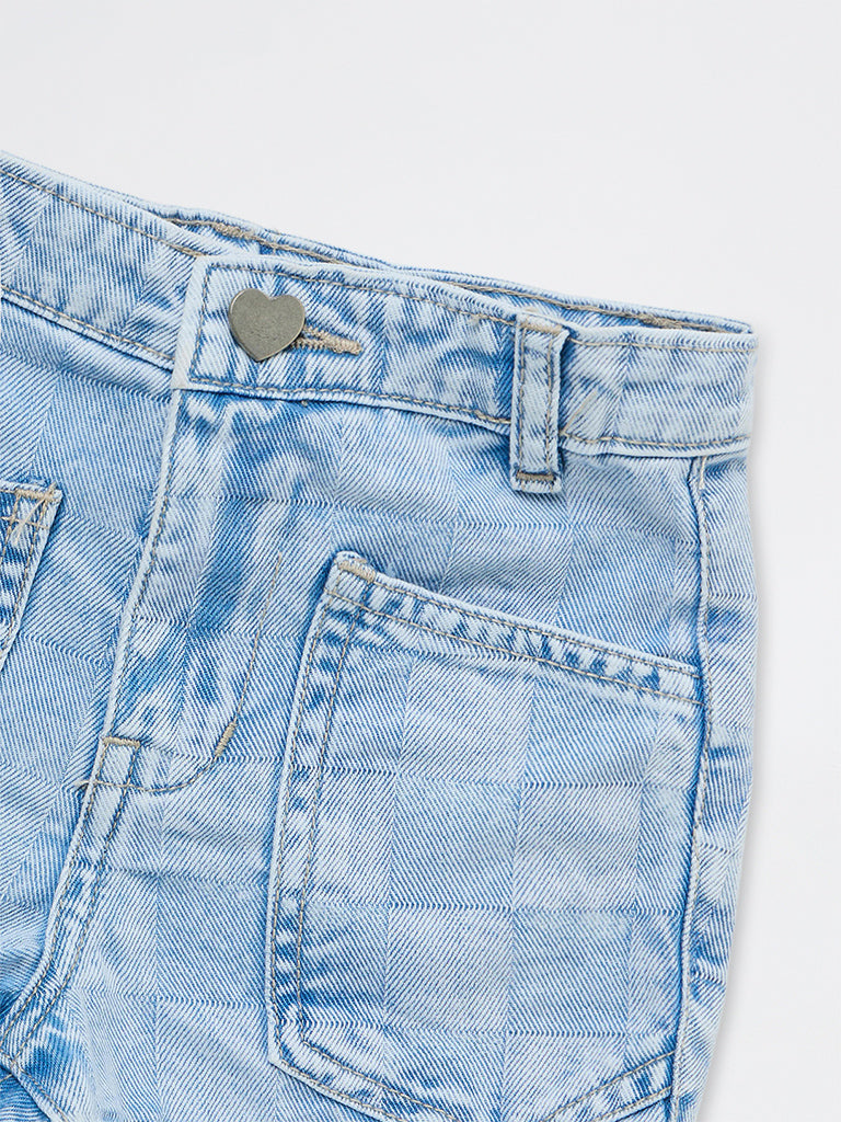 HOP Kids Girls Blue Checkered High-Rise Denim Shorts
