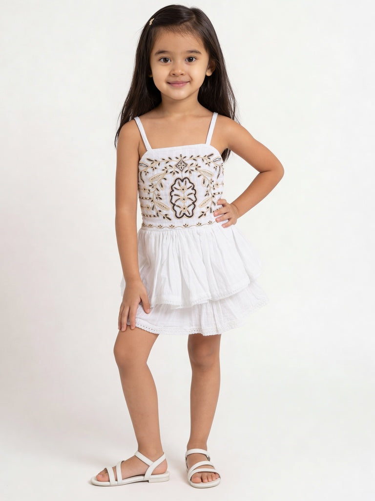 HOP Kids Girls Off-White Embroidered Floral Cotton Dress