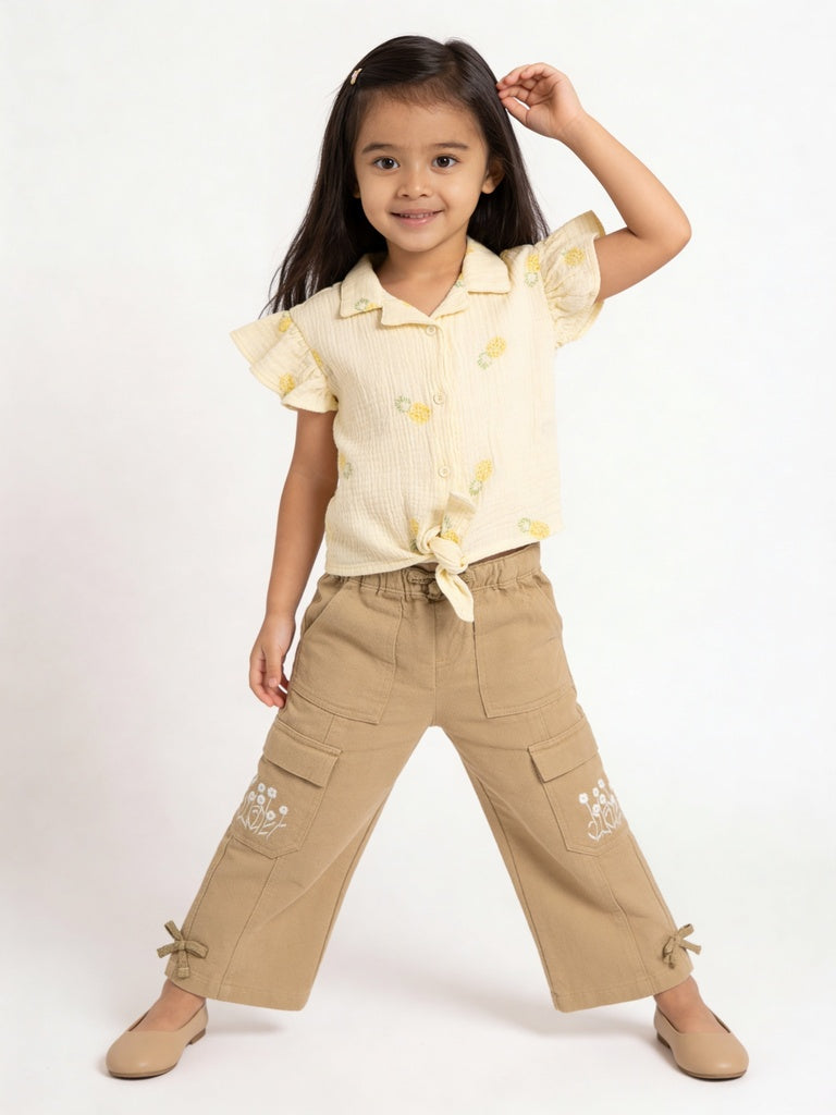 HOP Kids Girls Light Yellow Embroidered Tie-Knot Ruffle Cotton Shirt