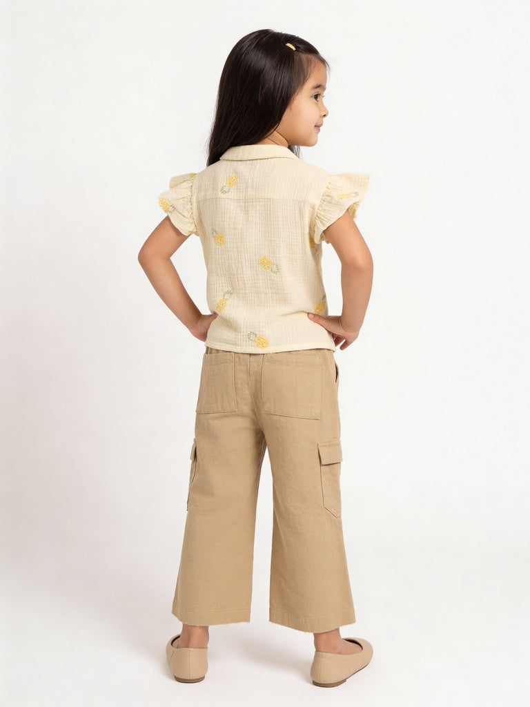 HOP Kids Girls Light Yellow Embroidered Tie-Knot Ruffle Cotton Shirt