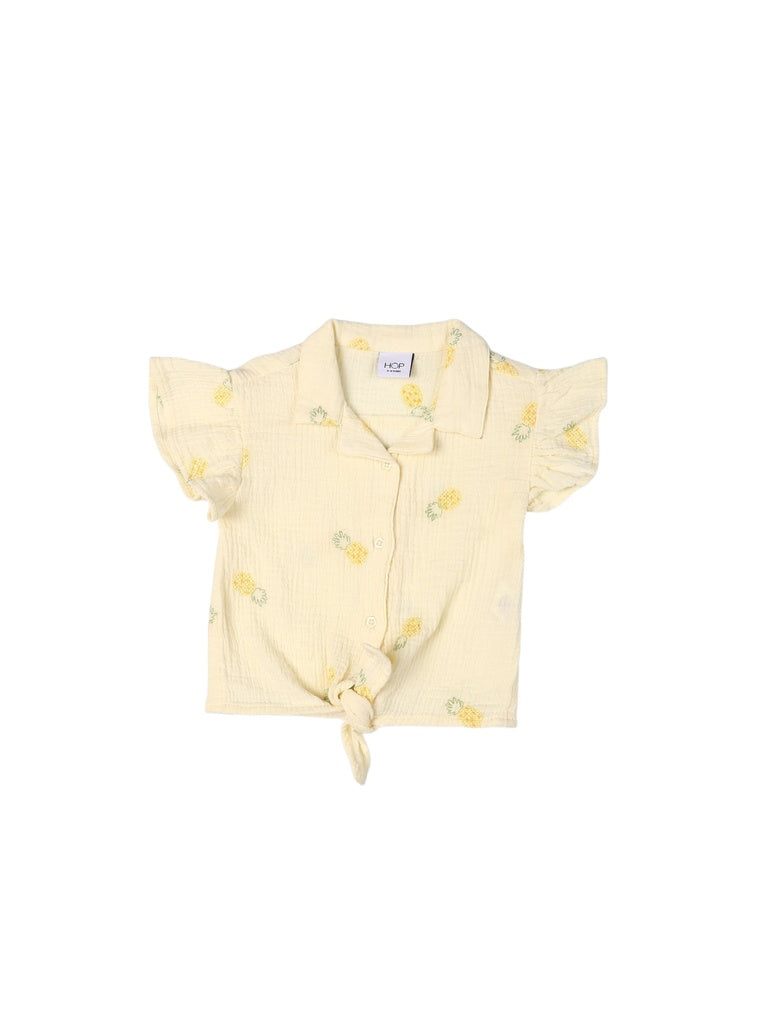 HOP Kids Girls Light Yellow Embroidered Tie-Knot Ruffle Cotton Shirt