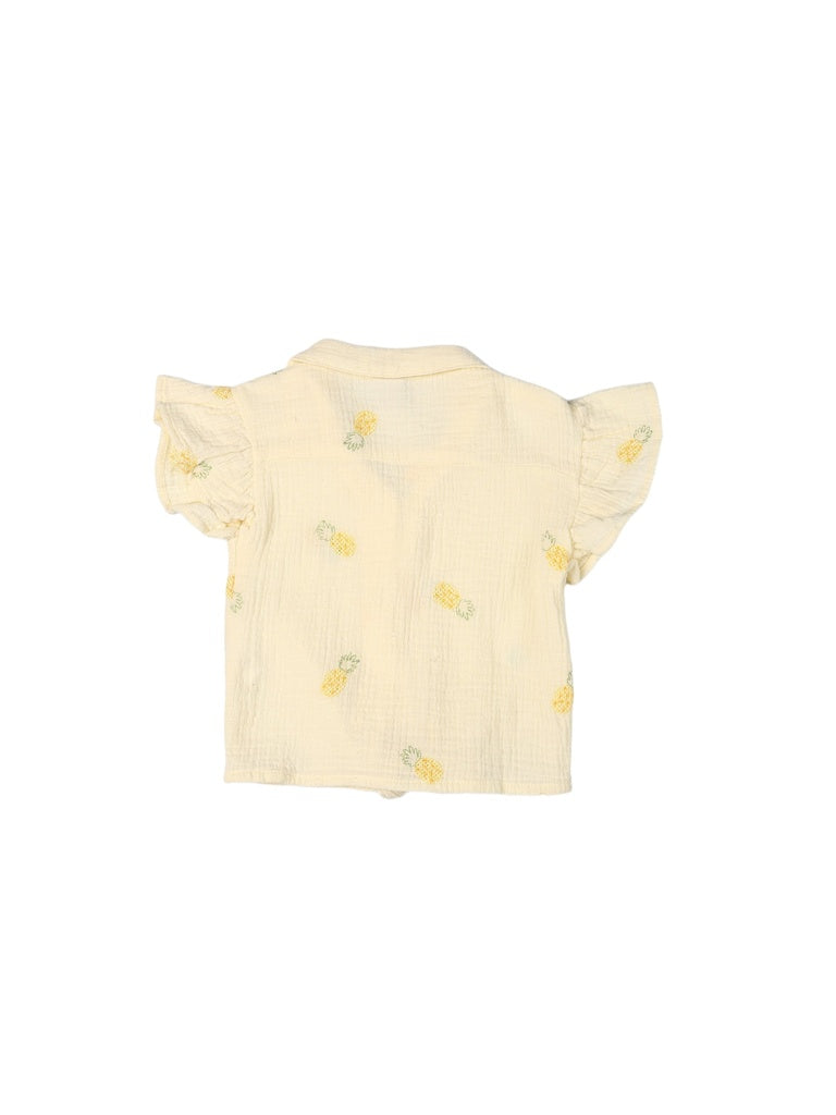 HOP Kids Girls Light Yellow Embroidered Tie-Knot Ruffle Cotton Shirt