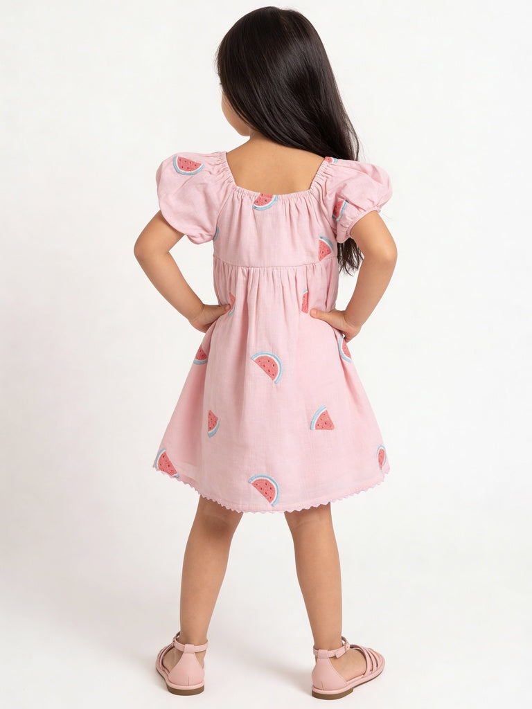 HOP Kids Girls Light Pink Watermelon Embroidered Cotton Dress