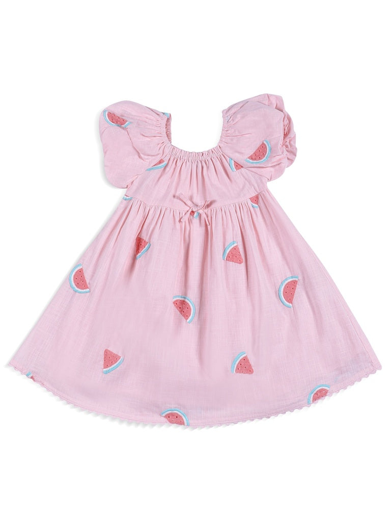 HOP Kids Girls Light Pink Watermelon Embroidered Cotton Dress