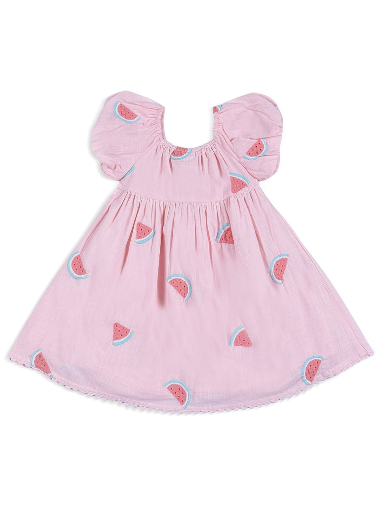 HOP Kids Girls Light Pink Watermelon Embroidered Cotton Dress