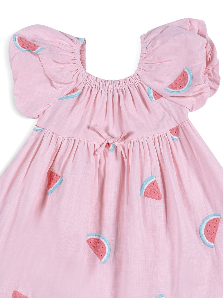 HOP Kids Girls Light Pink Watermelon Embroidered Cotton Dress