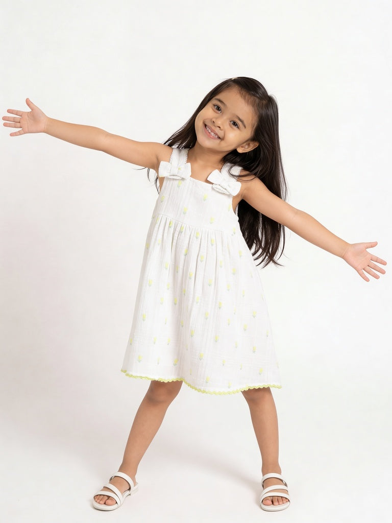 HOP Kids Girls Off-White Embroidered Dress