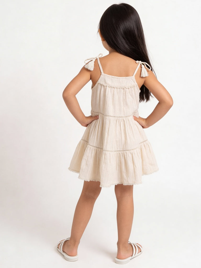 HOP Kids Girls Off-White Shimmer Cotton-Blend Tiered Dress