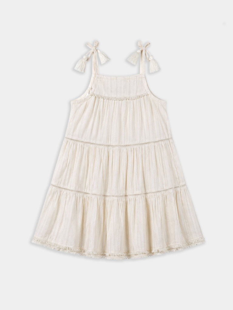 HOP Kids Girls Off-White Shimmer Cotton-Blend Tiered Dress