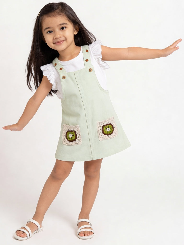 HOP Kids Girls Sage Solid Cotton T-Shirt with Pinafore Set