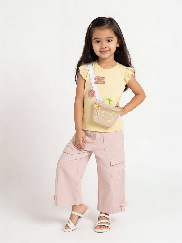 HOP Kids Girls Light Yellow Pouch Design Cotton Top