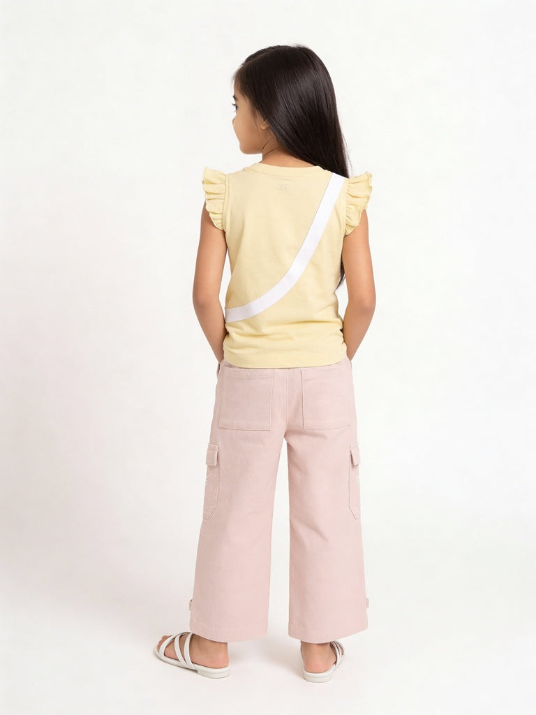 HOP Kids Girls Light Yellow Pouch Design Cotton Top