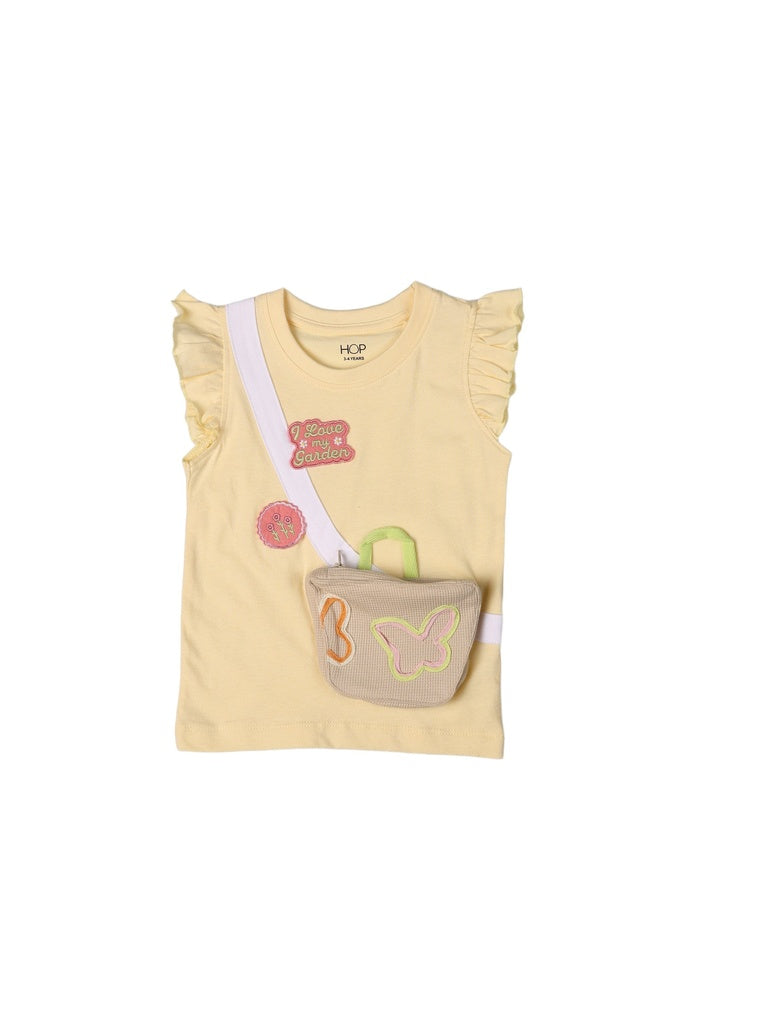 HOP Kids Girls Light Yellow Pouch Design Cotton Top