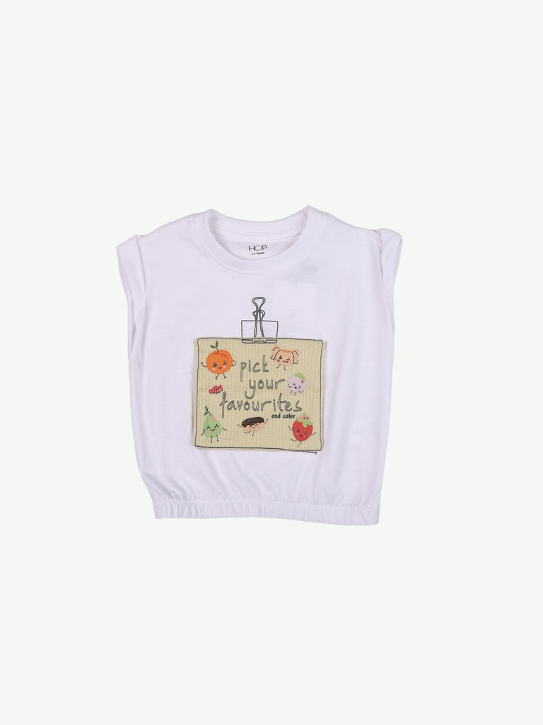 HOP Kids Girls Off-White Printed Cotton T-Shirt