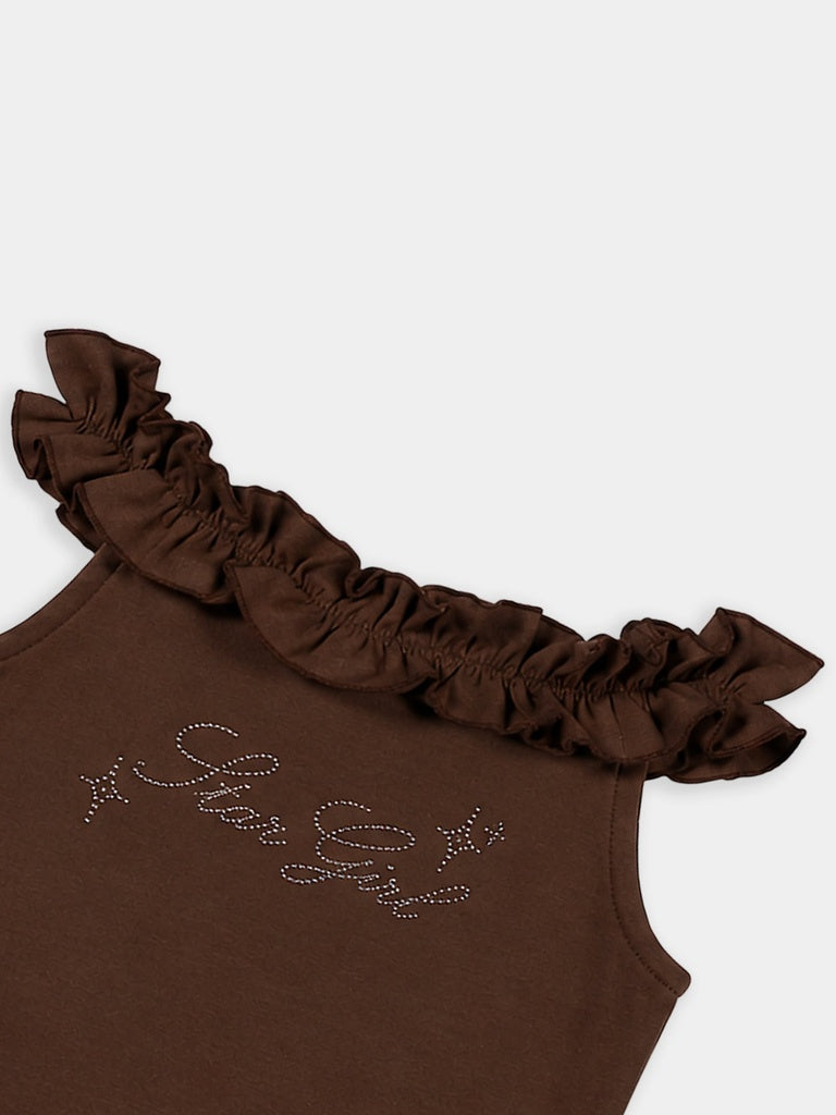 Girls Brown Embellished Cotton-Blend Top