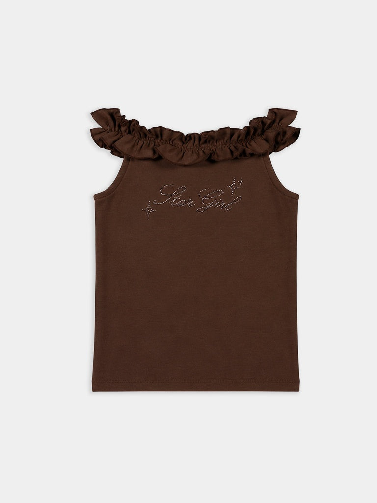 Girls Brown Embellished Cotton-Blend Top