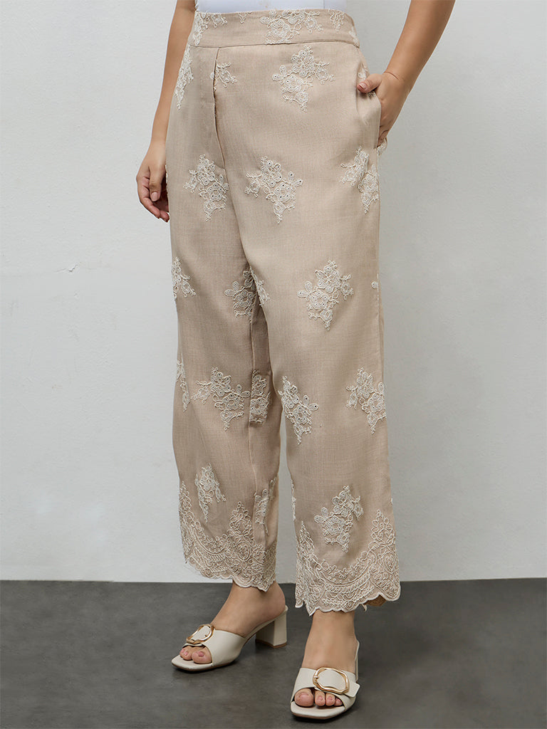 Diza Beige Floral Embroidered Pants