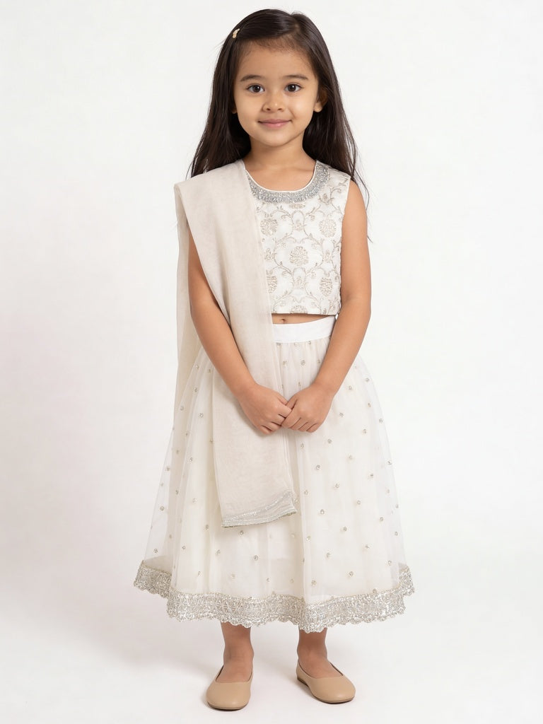 Utsa Kids Girls Off-White Embroidered Flared Ethnic Lehenga Set - (2- 8 yrs)