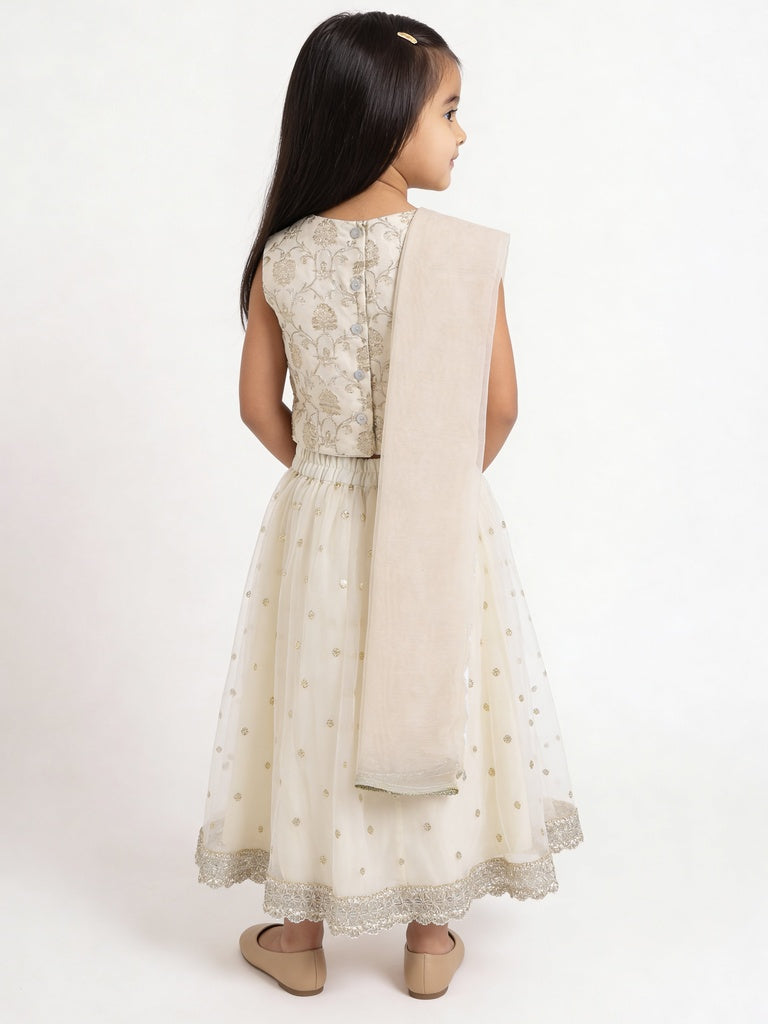 Utsa Kids Girls Off-White Embroidered Flared Ethnic Lehenga Set - (2- 8 yrs)
