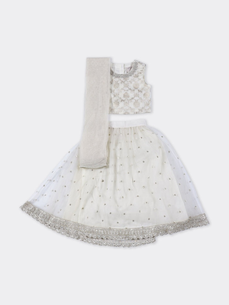 Utsa Kids Girls Off-White Embroidered Flared Ethnic Lehenga Set - (2- 8 yrs)