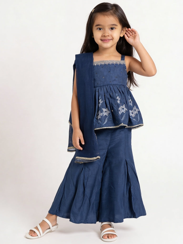 Utsa Kids Girls Indigo Embroidered Peplum Top With Sharara And Dupatta Set - (2-8 yrs)