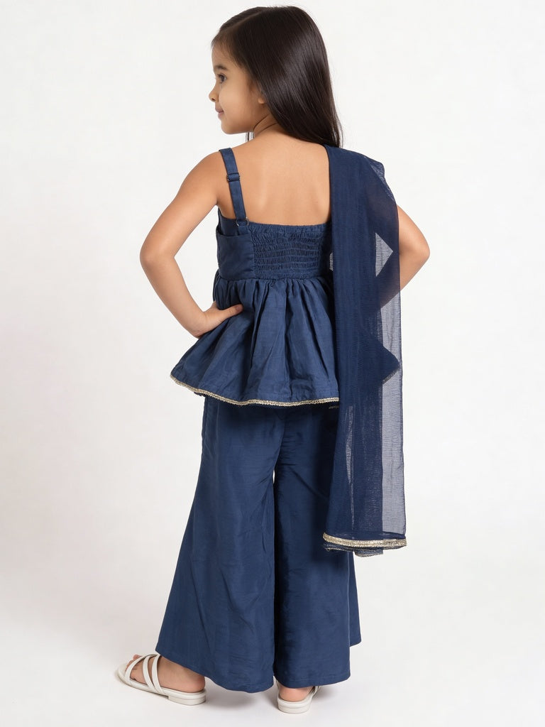 Utsa Kids Girls Indigo Embroidered Peplum Top With Sharara And Dupatta Set - (2-8 yrs)