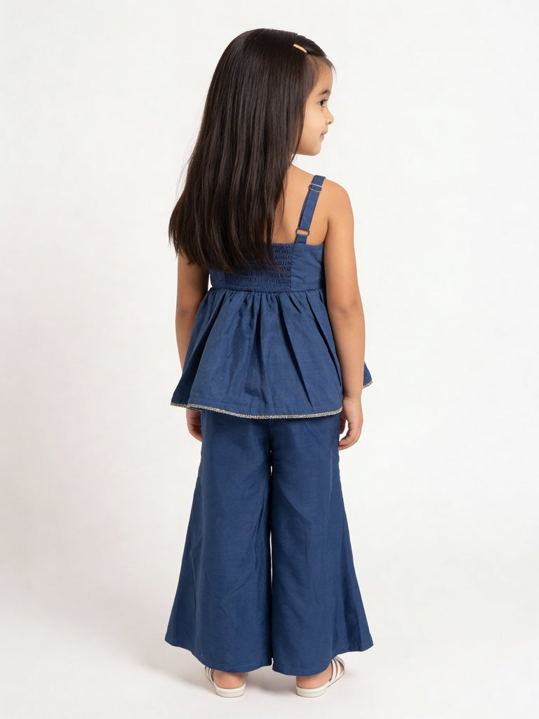 Utsa Kids Girls Indigo Embroidered Peplum Top With Sharara And Dupatta Set - (2-8 yrs)
