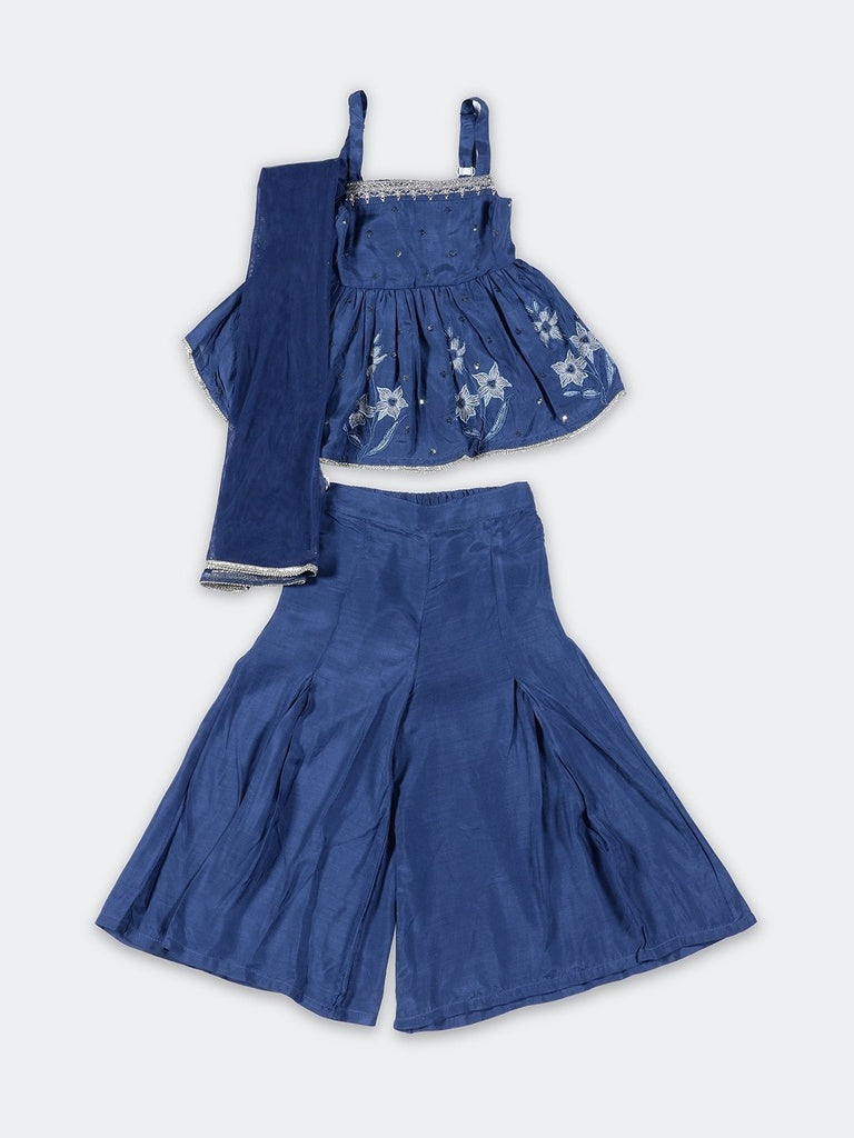 Utsa Kids Girls Indigo Embroidered Peplum Top With Sharara And Dupatta Set - (2-8 yrs)