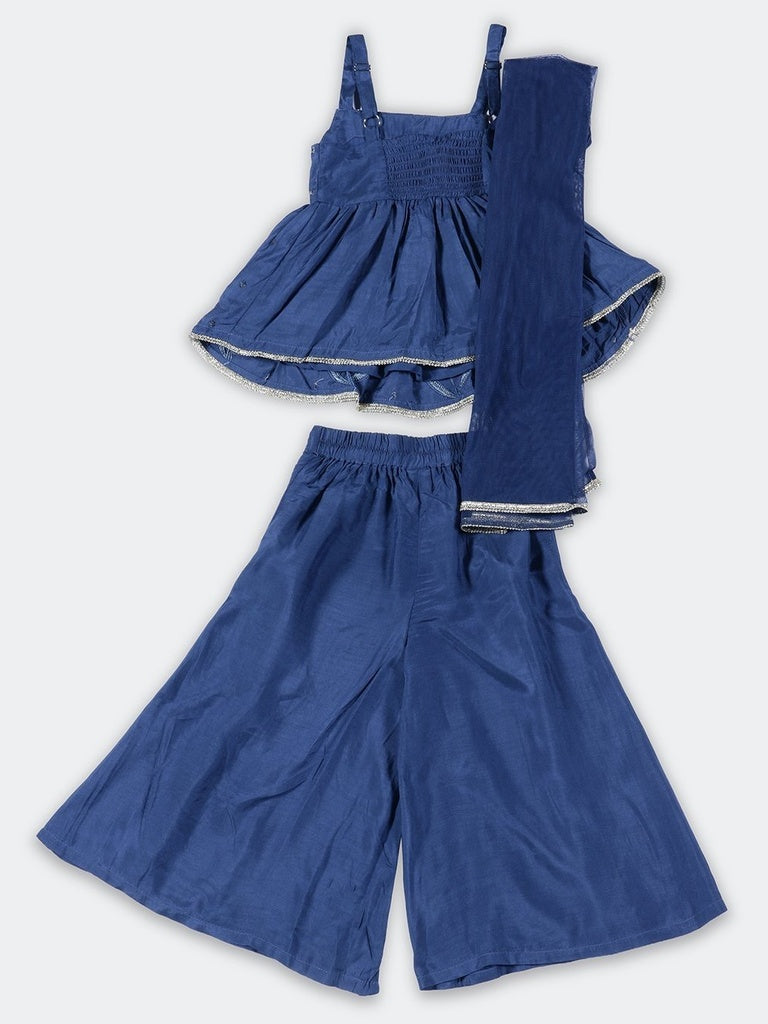 Utsa Kids Girls Indigo Embroidered Peplum Top With Sharara And Dupatta Set - (2-8 yrs)