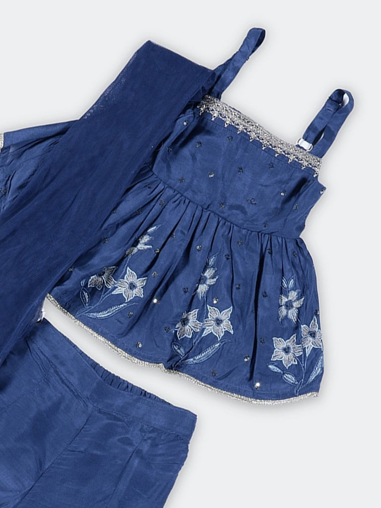 Utsa Kids Girls Indigo Embroidered Peplum Top With Sharara And Dupatta Set - (2-8 yrs)