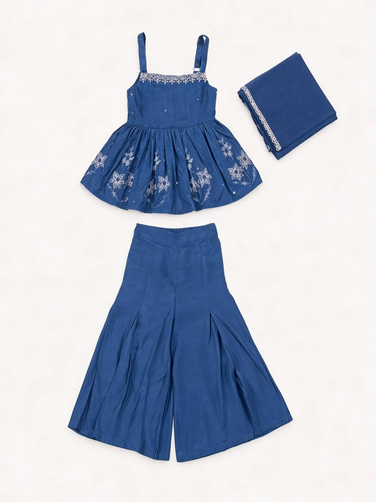 Utsa Kids Girls Indigo Embroidered Peplum Top With Sharara And Dupatta Set - (2-8 yrs)