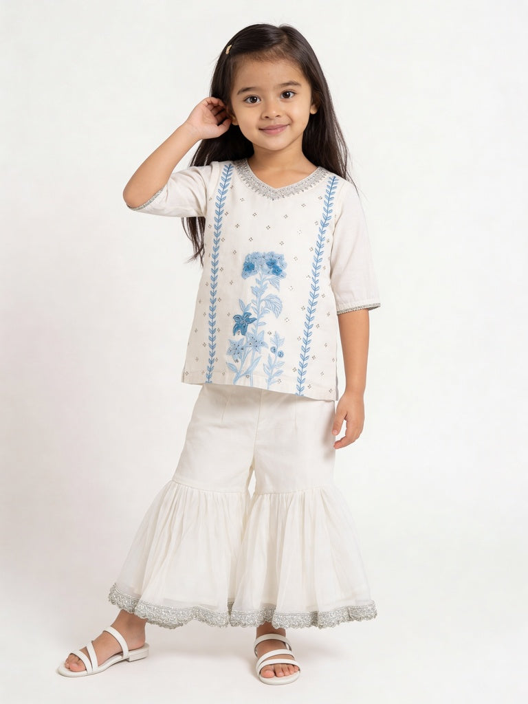 Utsa Kids Girls White Floral Embroidered Cotton-Blend Sharara Set - (2-8 yrs)