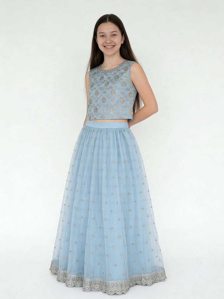 Utsa Kids Girls Blue Embroidered Skirt Set - (8-14 yrs)
