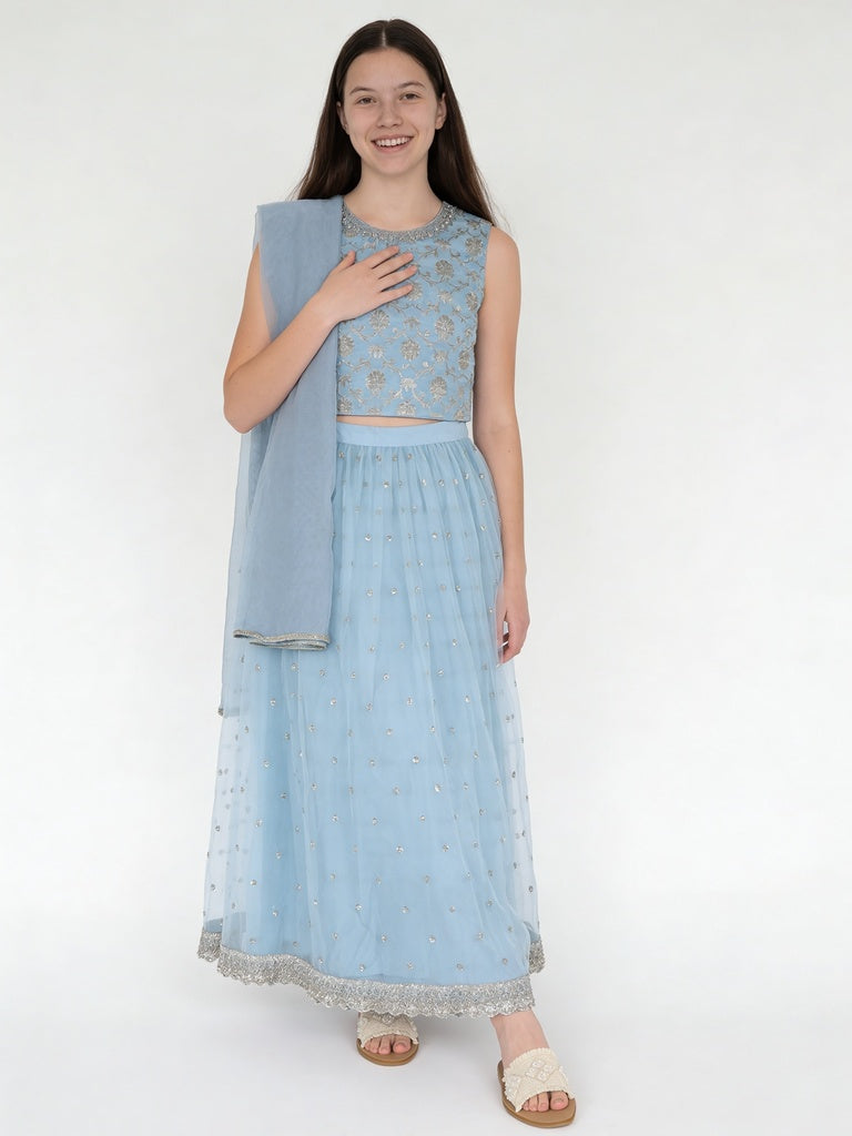 Utsa Kids Girls Blue Embroidered Skirt Set - (8-14 yrs)