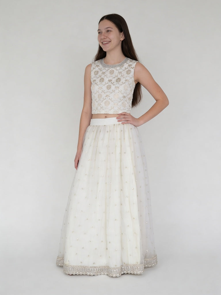 Utsa Kids Girls Off-White Embroidered Flared Ethnic Lehenga Set - (8-14 yrs)