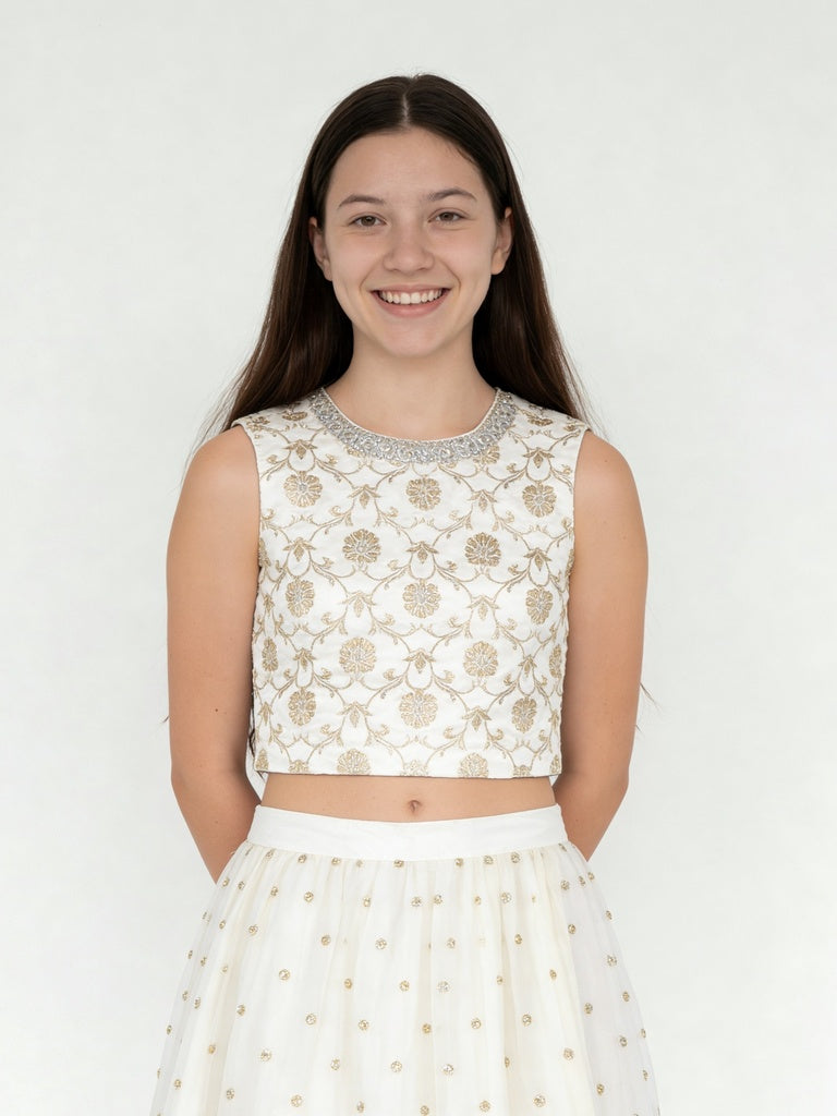 Utsa Kids Girls Off-White Embroidered Flared Ethnic Lehenga Set - (8-14 yrs)