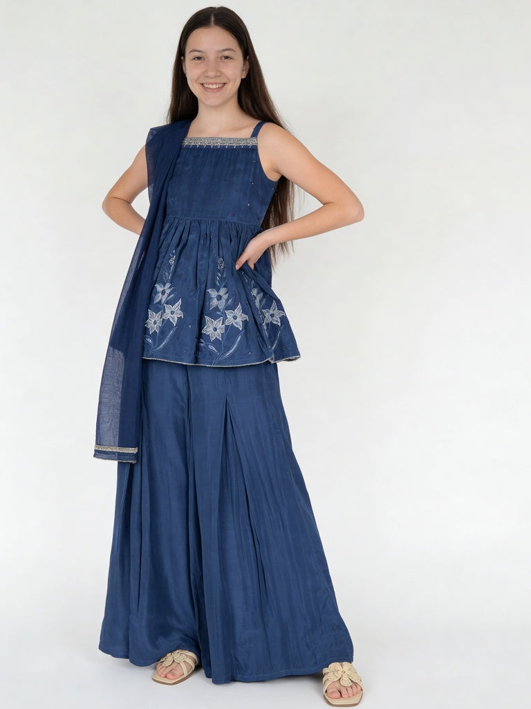 Utsa Kids Girls Indigo Floral Embroidered Top and Pants Set - (8-14 yrs)