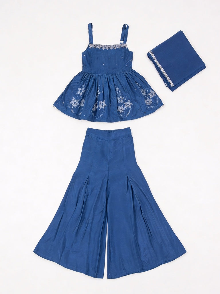 Utsa Kids Girls Indigo Floral Embroidered Top and Pants Set - (8-14 yrs)