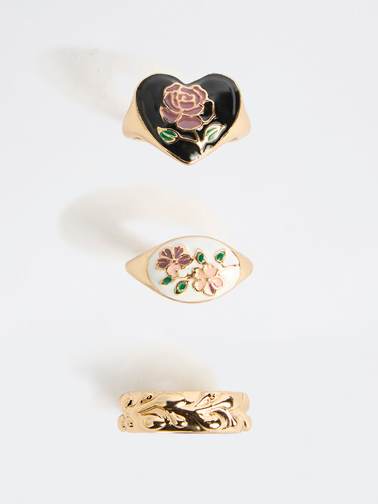 Westside Accessories Multi Color Enamel Charm Rings - Pack of 3