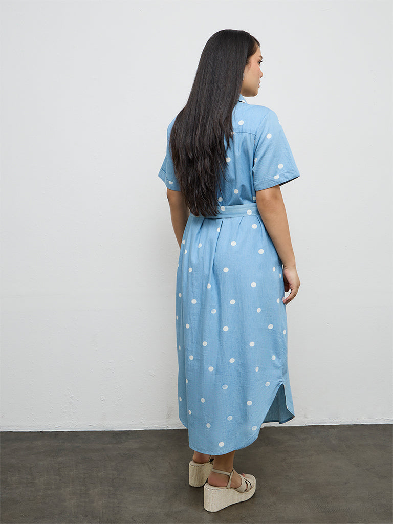 Buy Gia Blue Polka Dotted Cotton Shirt Dress with Belt from Westside