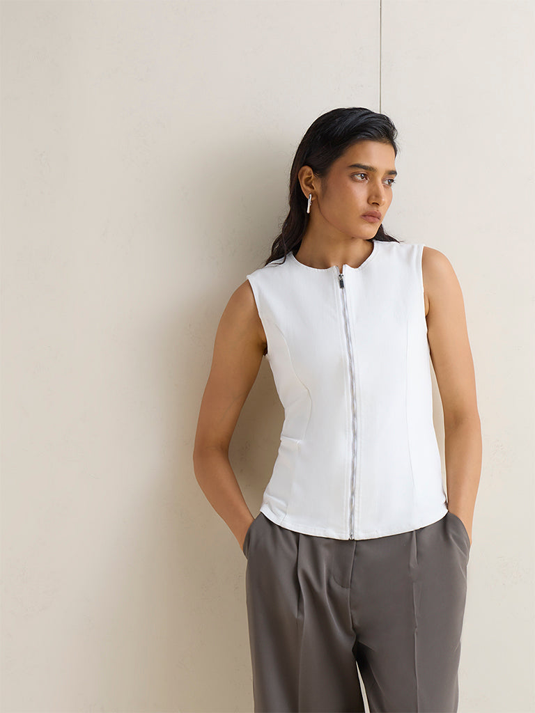 Wardrobe White Zip-Detail Cotton-Blend Top