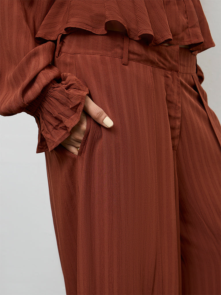 LOV Dark Rust Stripe Textured High-Rise Trousers