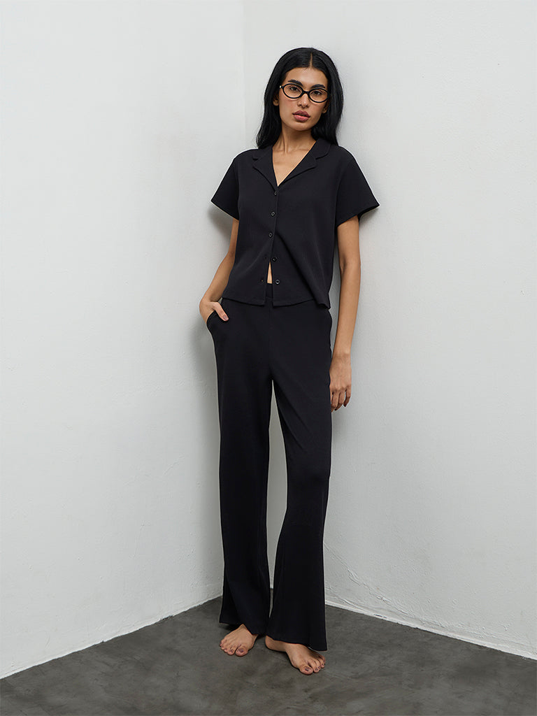 Superstar Black Waffle-Textured High-Rise Pants