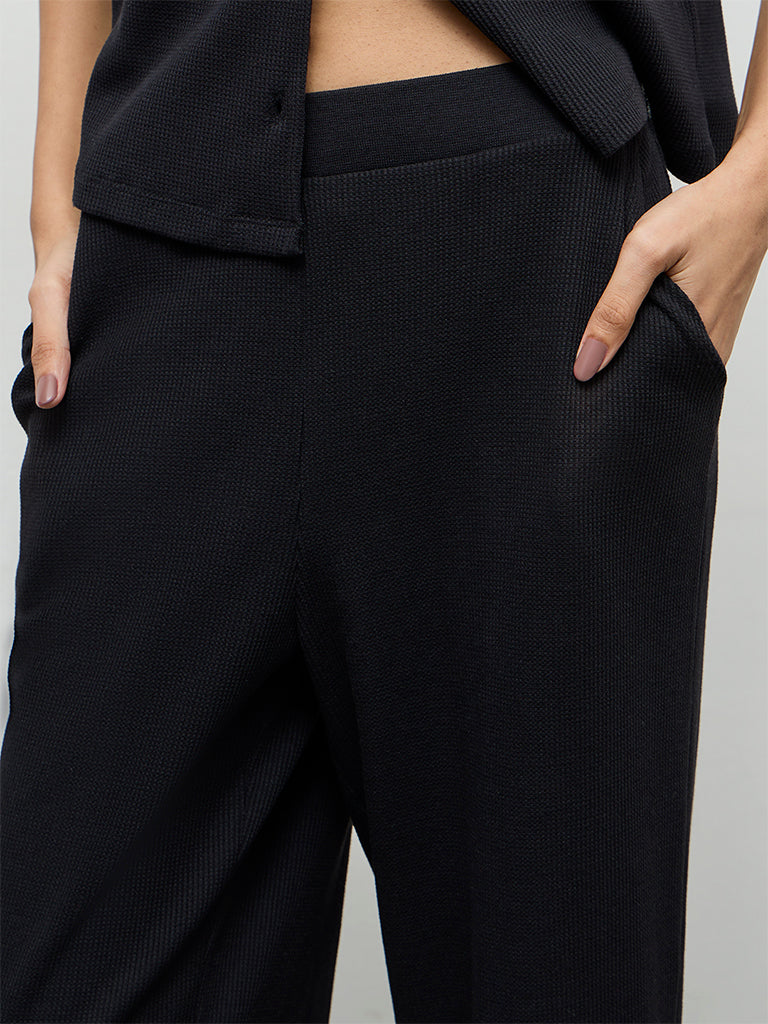 Superstar Black Waffle-Textured High-Rise Pants