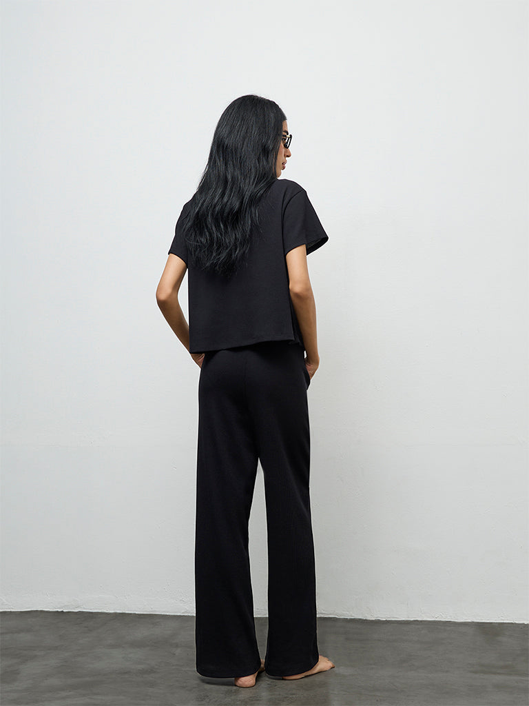 Superstar Black Waffle-Textured High-Rise Pants