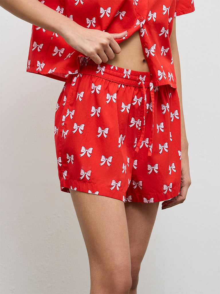 Superstar Red Bow-Printed High-Rise Cotton Shorts