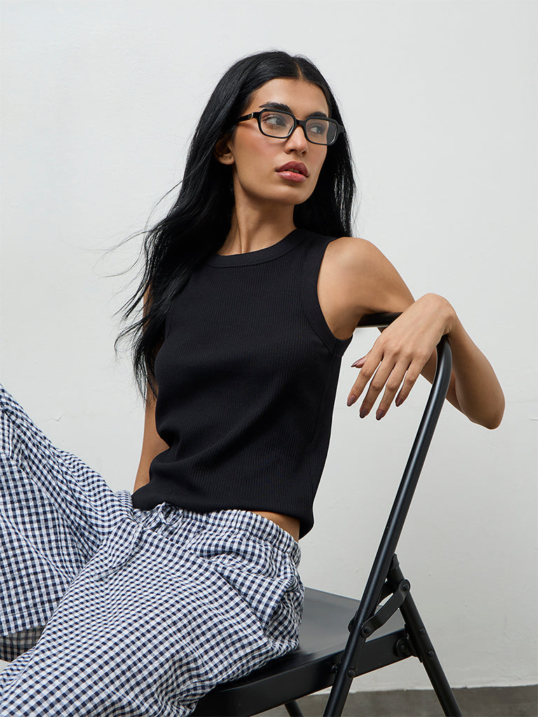 Superstar Black Ribbed Cotton-Blend Tank Top